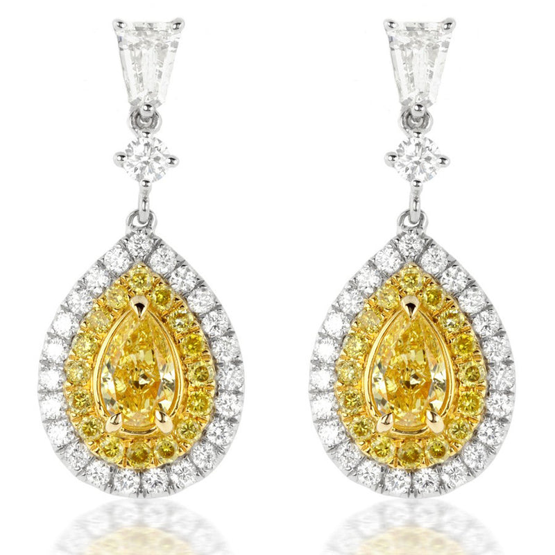 Fancy Yellow Pear Shaped Diamond & Bullet Diamond Dangle Earrings 18K Gold