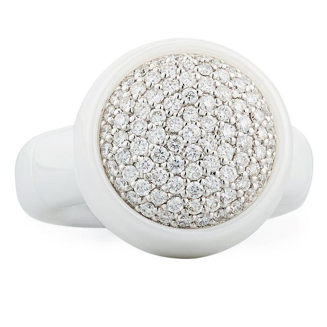 Roberto Demeglio Dama Elastic Stretch Large Ring in White Shiny Ceramic with Round Diamonds