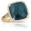 Doves Midnight Ocean Blue Topaz over Hematite & Diamond Cushion Halo Gold Ring