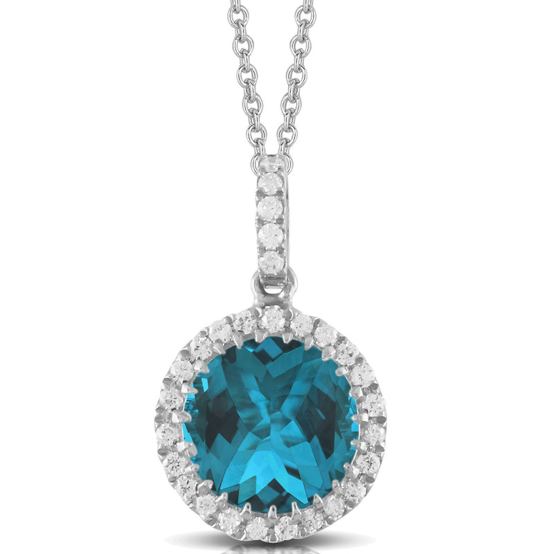 Doves London Blue Topaz & Round Diamond Halo Pendant Necklace P8522LBT