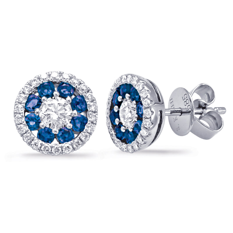 14K White Gold Sapphire & Diamond Round Halo Cluster Stud Earrings