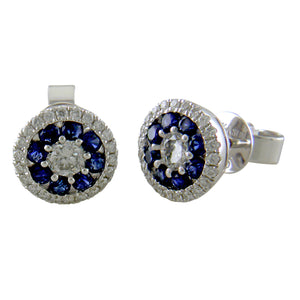 S. Kashi Sapphire & Diamond Round Halo Cluster Stud Earrings 14K White Gold