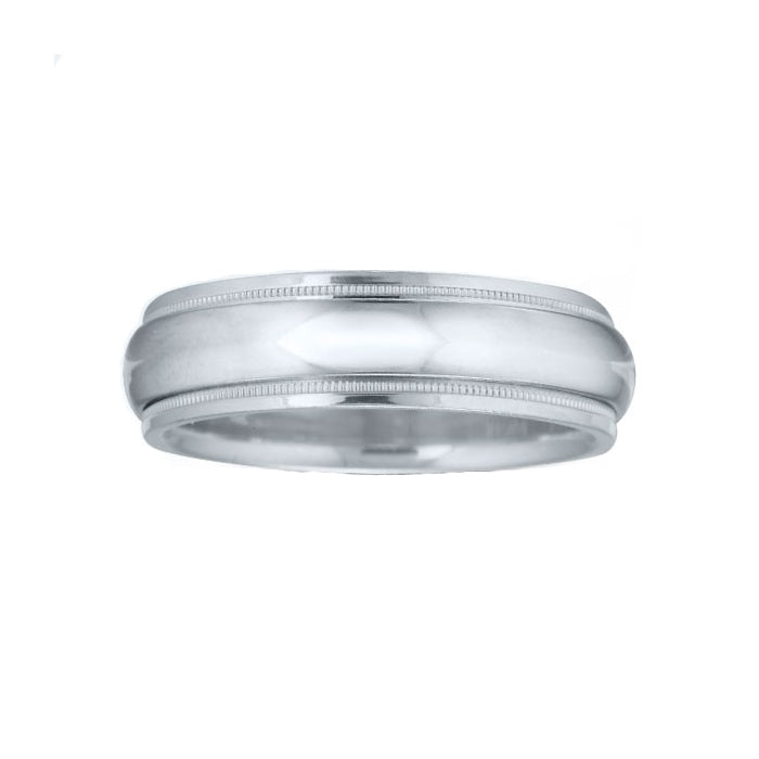 14K White Gold 6MM Domed Wedding Band with a Milgrain Edge
