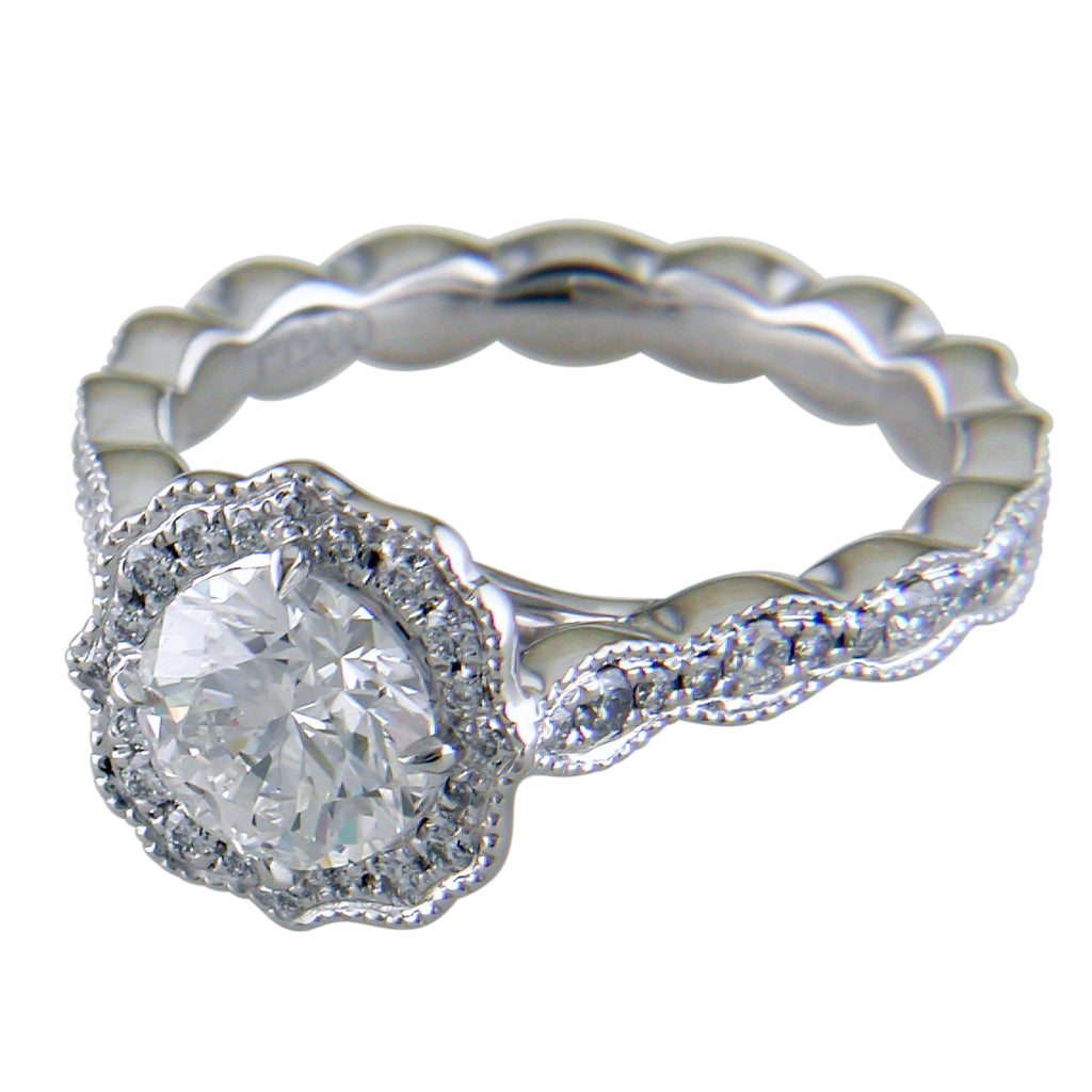 Round Brilliant 1 Carat Diamond Scalloped Platinum Point of Love Engagement Ring