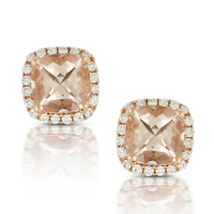 Doves 18K Rose Gold Morganite Square Cushion Earrings with Diamond Halo E7922MG