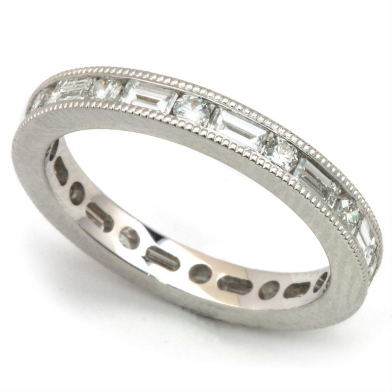 Round & Baguette Diamond Alternating Eternity Channel Set 18K Wedding Band Ring