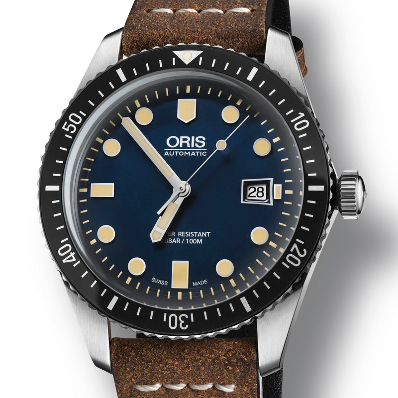 Oris Divers 65 Sixty-Five Blue Dial 42mm Brown Leather Watch