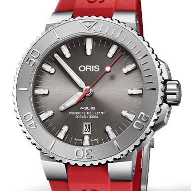 Oris 43.5MM Aquis Date Relief Grey Dial Red Rubber Watch 01 733 7730 4153-07 4 24 66EB