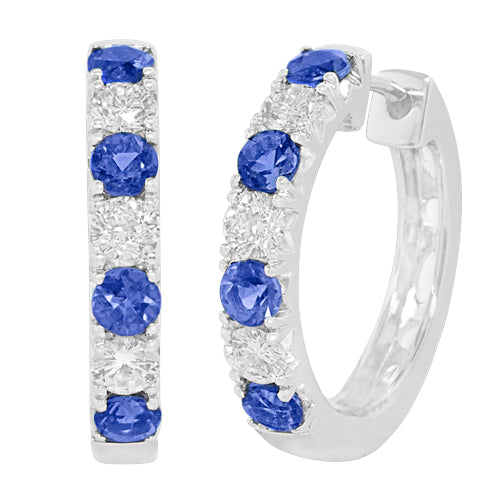 18k White Gold Blue Sapphire & Diamond Hoop Earrings