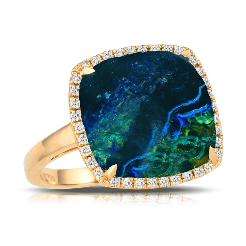 Doves Azurite Malachite Ring 18K Yellow Gold with Diamonds Terra