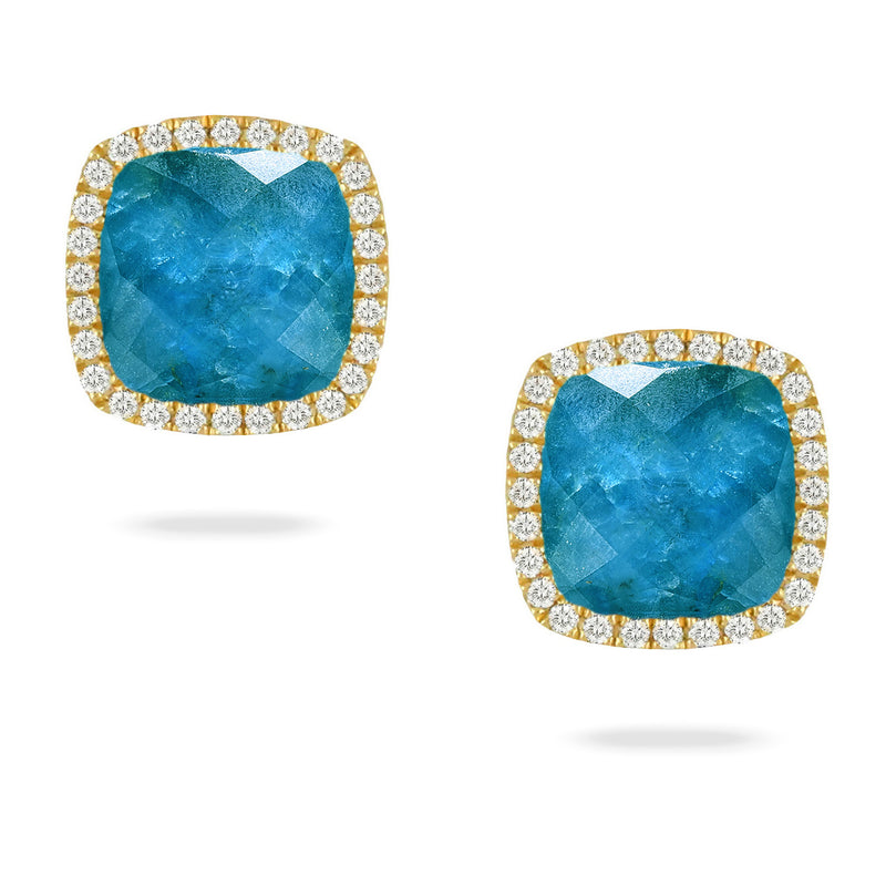 Doves Laguna 18K Yellow Gold Stud Earrings with Square Cushion Quartz over Apatite