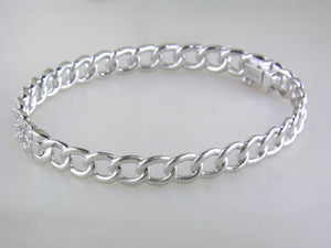 14k White Gold Curb Chain Bangle with Pave Diamond Bracelet 7"