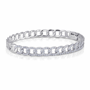 14k White Gold Curb Chain Bangle with Pave Diamond Bracelet 7"