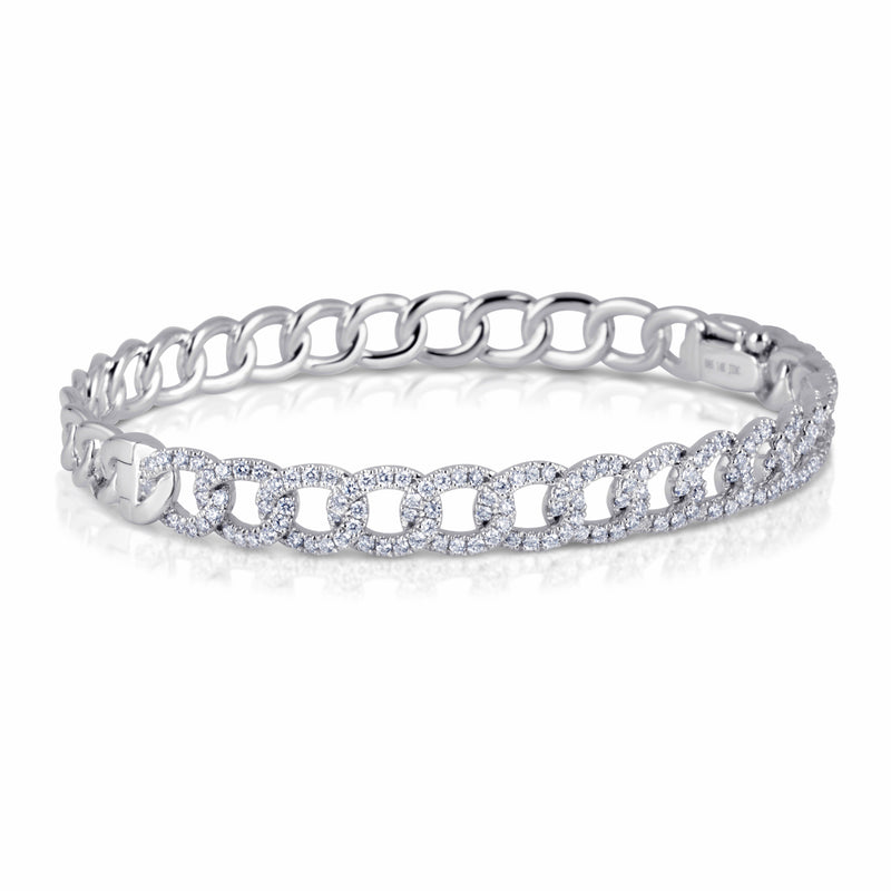 14k White Gold Curb Chain Bangle with Pave Diamond Bracelet 7