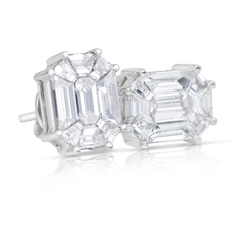 Emerald Cut Diamond Stud Earrings .81Carats Illusion Setting 18K White