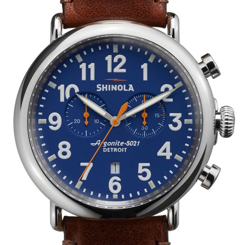 Shinola 47mm Gents Runwell Royal Blue Dial Brown Leather Watch 10000047