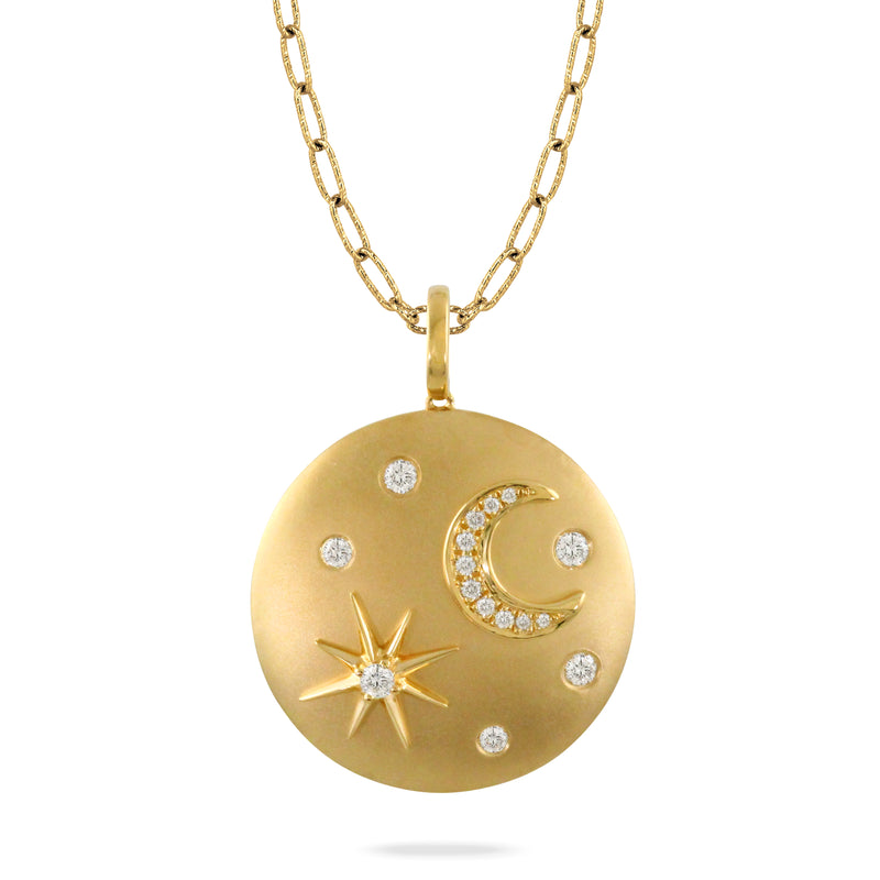 Doves Celestial Diamond Moon Stars Pendant Necklace in 18K Yellow Gold