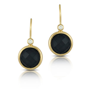 Doves "Gatsby" Black Onyx & Diamond Round Drop Earrings 18K Yellow Gold