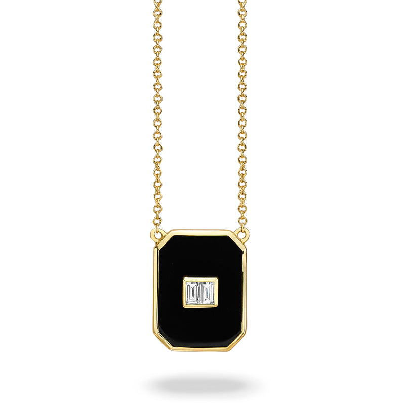 Doves Gatsby Black Onyx & Baguette Diamond Rectangle Pendant Necklace 18K Yellow Gold
