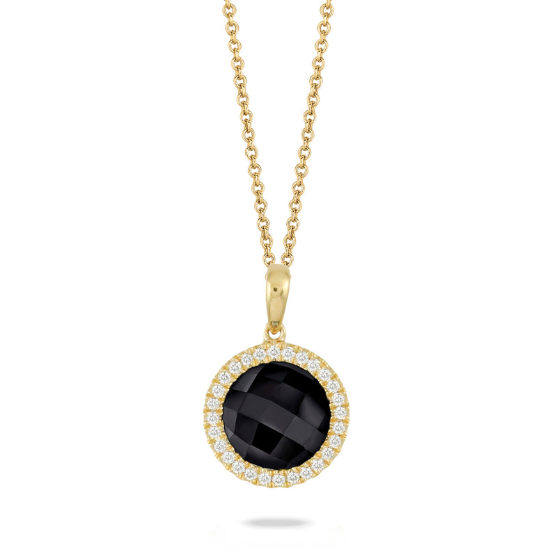 Doves Gatsby Black Onyx & Diamond Halo Round Pendant Necklace 18K Yellow Gold