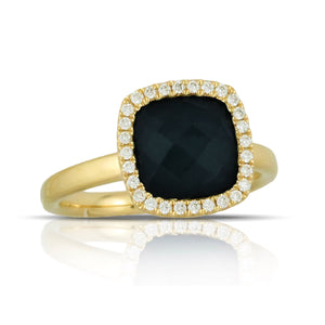 Doves Gatsby Black Onyx & Diamond Halo Cushion Ring 18K Yellow Gold