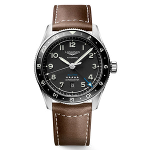 Longines Spirit Zulu Time GMT Black Leather Steel Watch L3.812.4.53.2