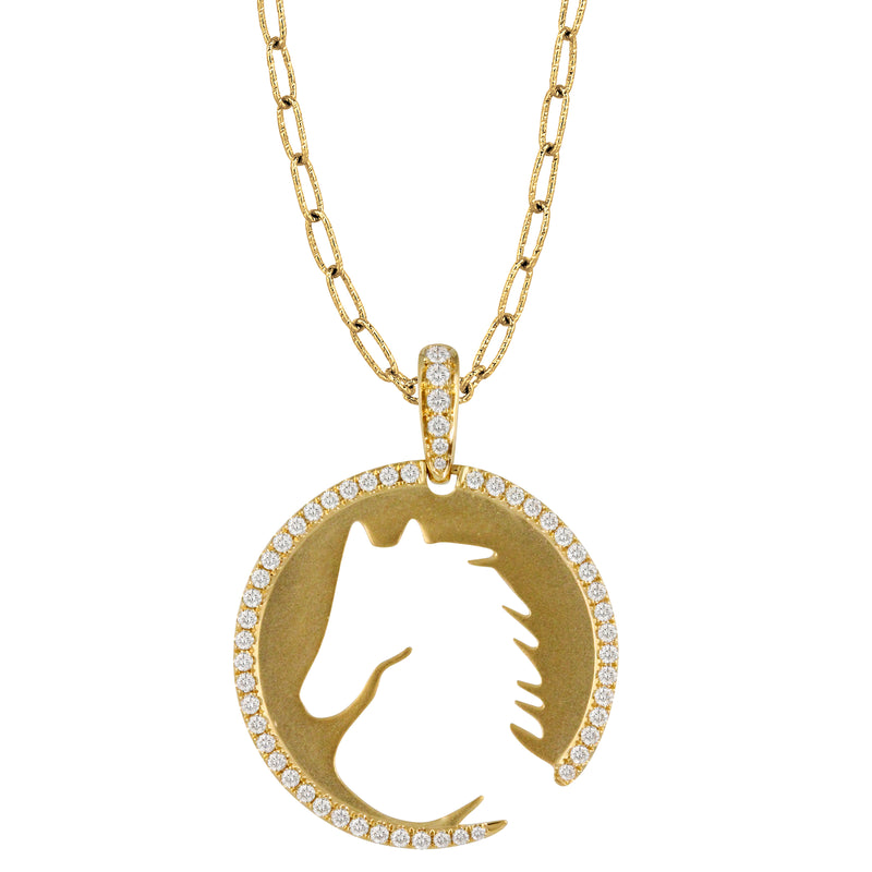 Doves Equestrian Cut-out Horse 18k Yellow Gold Diamond Medallion Necklace Pendant