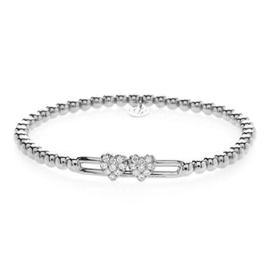 Hulchi Belluni Fidget Bracelet with Two Pave Diamond Moveable Heart Stations White Gold Stretch Stackable