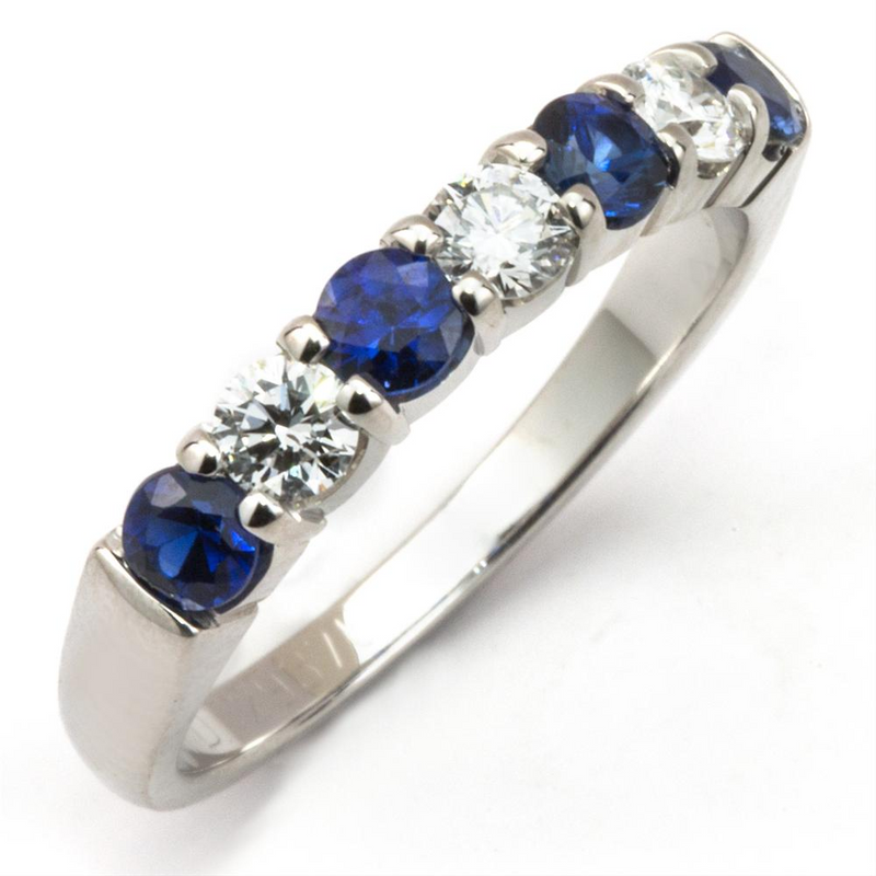 Sapphire & Diamond Prong Set White Gold Wedding Band Ring 18K