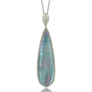 Doves "Ivory Sky" Blue Lapis, Mother of Pearl, & Diamond Elongated Pear Shaped Pendant Necklace
