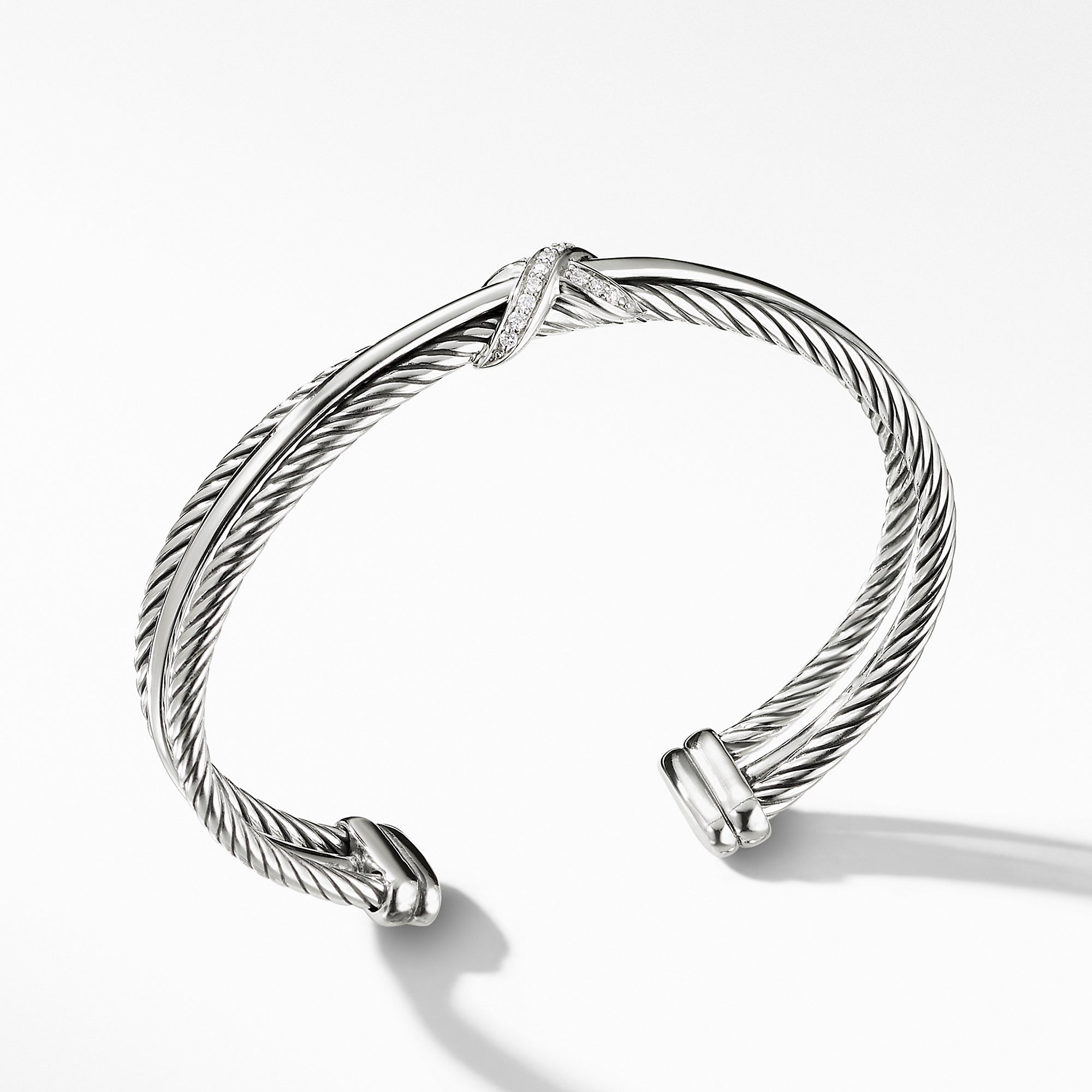 Crossover Buckle Two Row Bracelet in Sterling Silver with Pave Diamonds