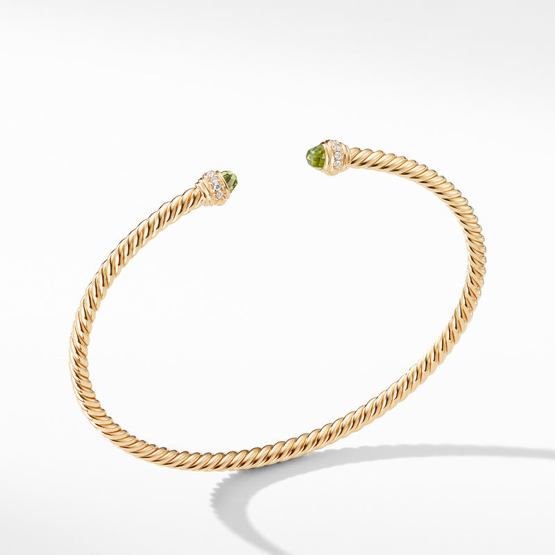 David Yurman Cable Spira Bracelet in 18K Gold with Peridot and Diamonds, 3mm