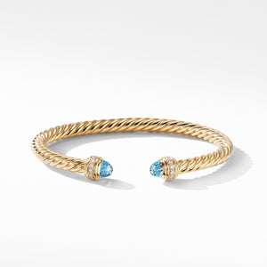 David Yurman 5MM Cable Bracelet in 18K Gold with Blue Topaz and Diamonds
