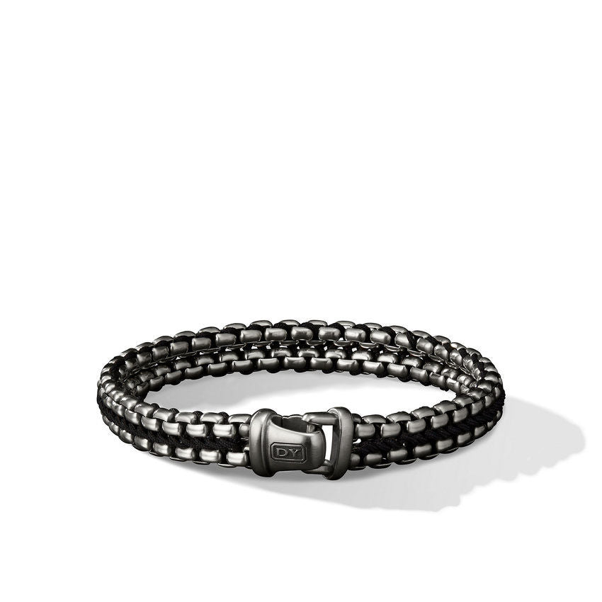 Woven Box Chain Bracelet in Sterling Silver with Black Nylon, 10mm