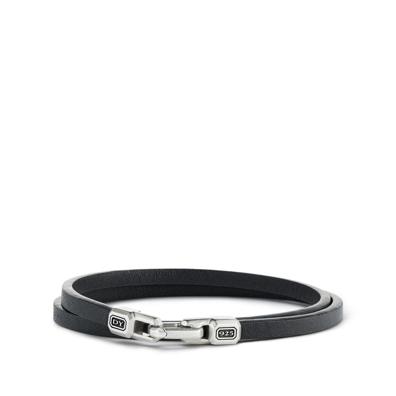 Mens Streamline Black Leather Double Wrap Bracelet