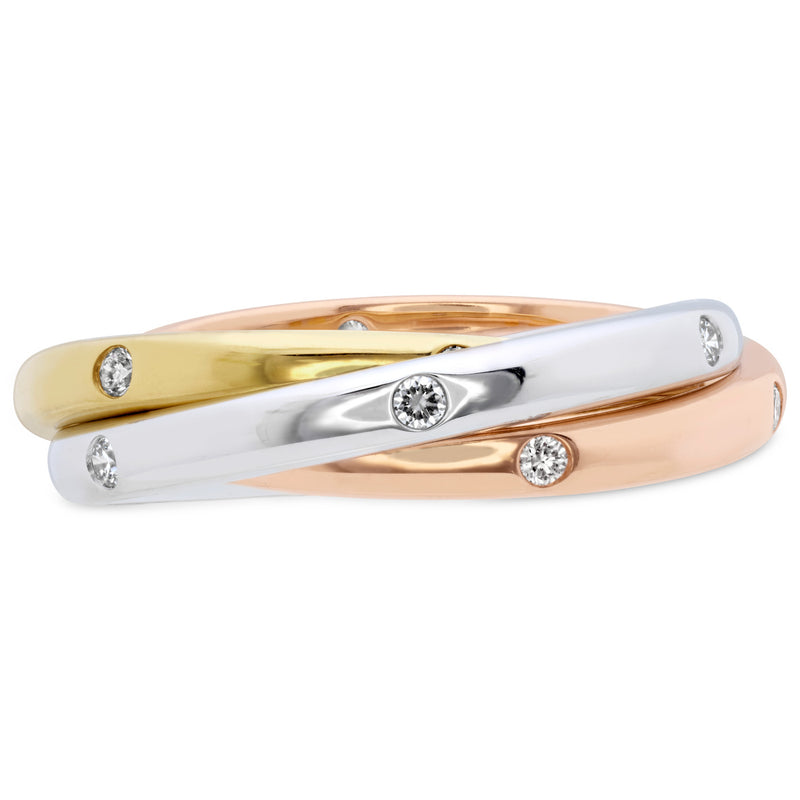 Memoire 18k Gold Tricolor Three-Row Burnished set Diamond Rolling Ring