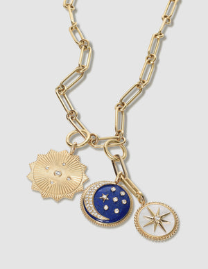 Doves Celestial Diamond Moon Stars Pendant Necklace in 18K Yellow Gold
