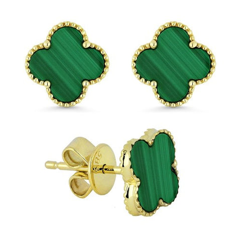 14K Yellow Gold Malachite Four Leaf Clover Necklace