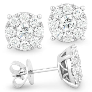 14k White Gold diamond cluster stud earrings with friction posts