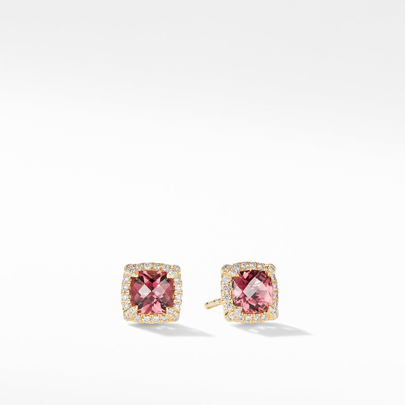 David Yurman Chatelaine Pave Bezel Stud Earrings in 18K Yellow Gold with Pink Tourmaline