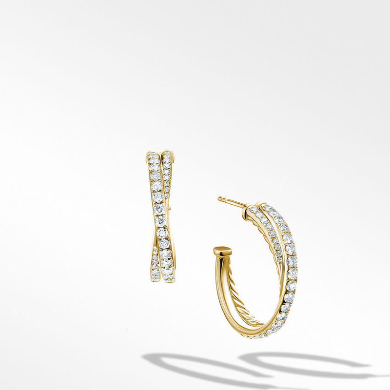 David Yurman Pave Crossover Hoop Earrings in 18K Yellow Gold with Diamonds 3/4"