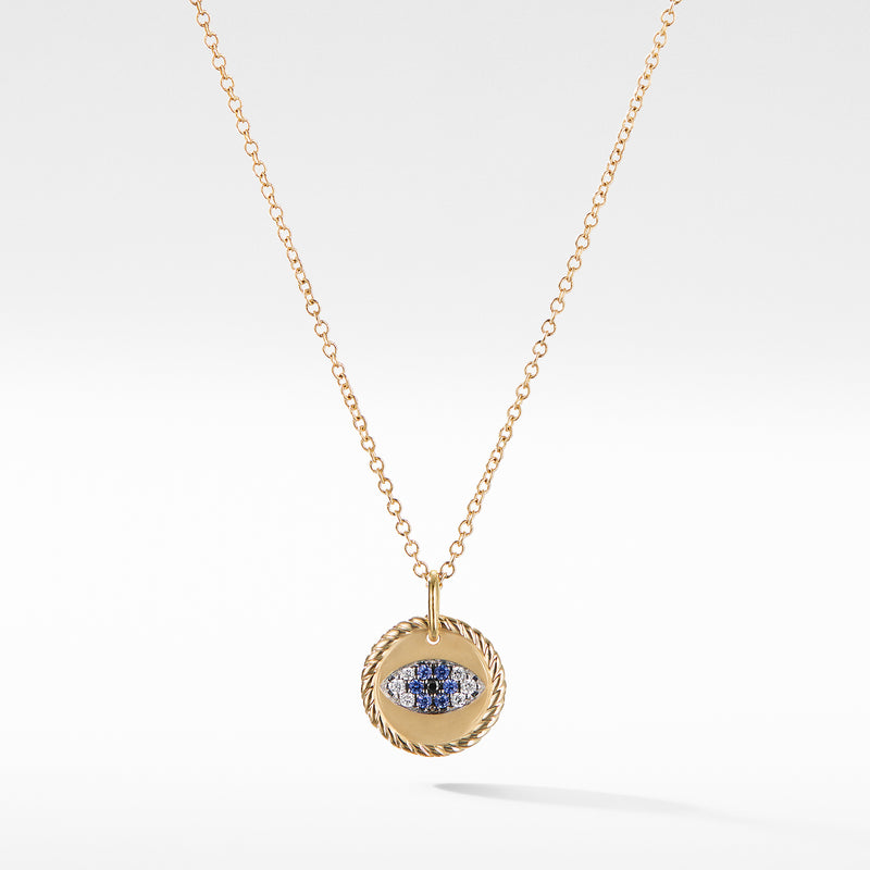 David Yurman Evil Eye Cable Collectibles Charm Necklace with Blue Sapphire, Black Diamonds, and Diamonds