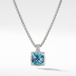 David Yurman Chatelaine Pave Bezel Pendant Necklace with Hampton Blue Topaz and Diamonds 11mm