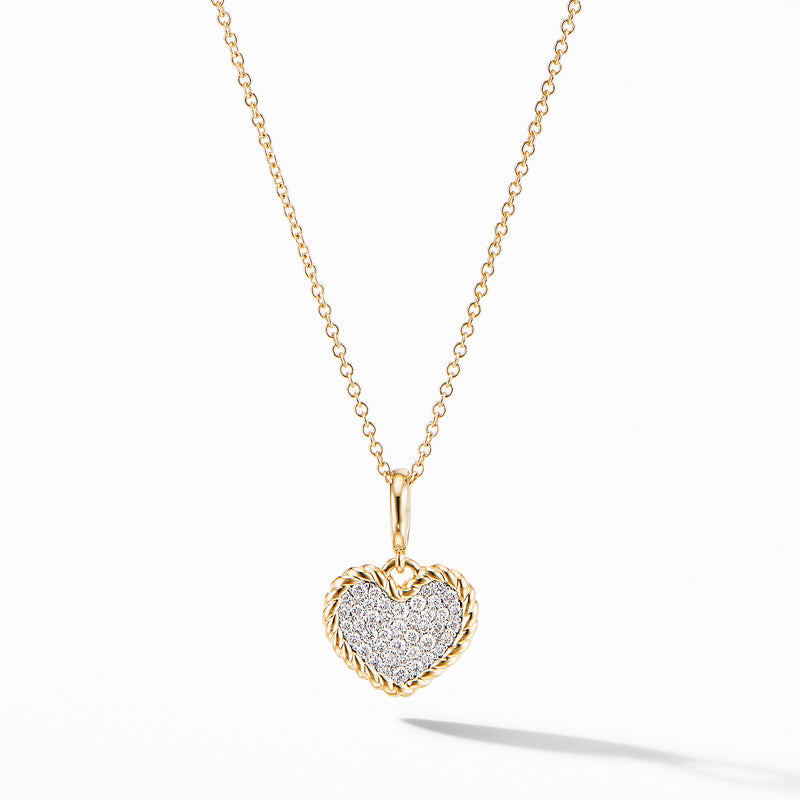 David Yurman Cable Collectibles Pave Heart Charm Necklace in 18K Yellow Gold