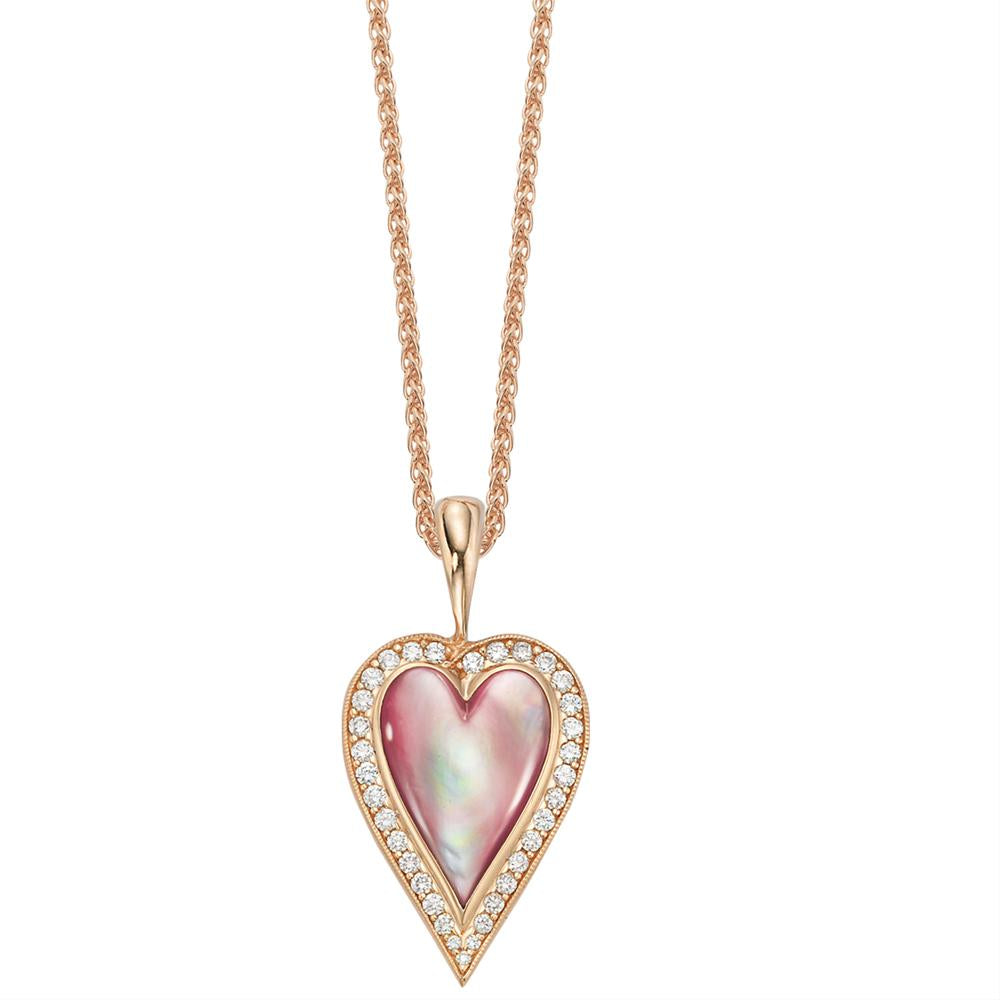 14K White Gold Pink Quartz / Diamond Heart Necklace