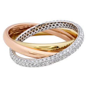 Memoire 18k Gold Tricolor Three-Row Pave set Diamond Rolling Ring