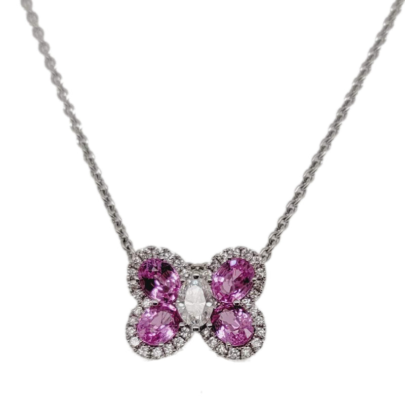 18k White Gold Pink Sapphire and Diamond Butterfly Necklace