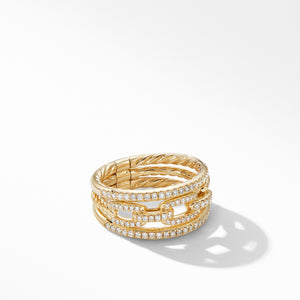 David Yurman Stax Three-Row Chain Link Ring in 18K Yellow Gold and Diamonds, 10MM