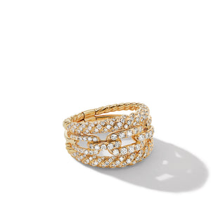 David Yurman Stax Collection Three-Row Ring in 18K Yellow Gold with Full Pave Diamonds