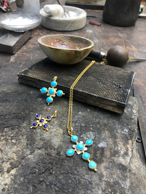 Lika Behar 22k Gold "Sloane" Sleeping Beauty Turquoise Cross Pendant Necklace